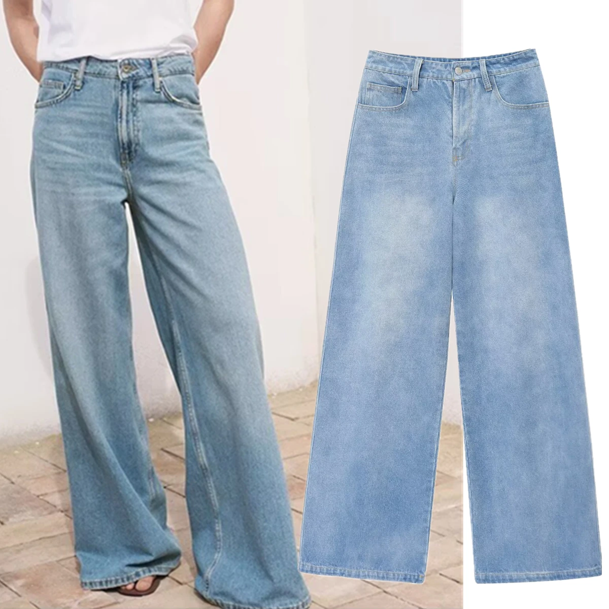 

Dave&Di Minimalist Blue Denim Wide-leg Pants Retro Washed Loose High Waist Jeans For Women Mom Boyfriend Jeans