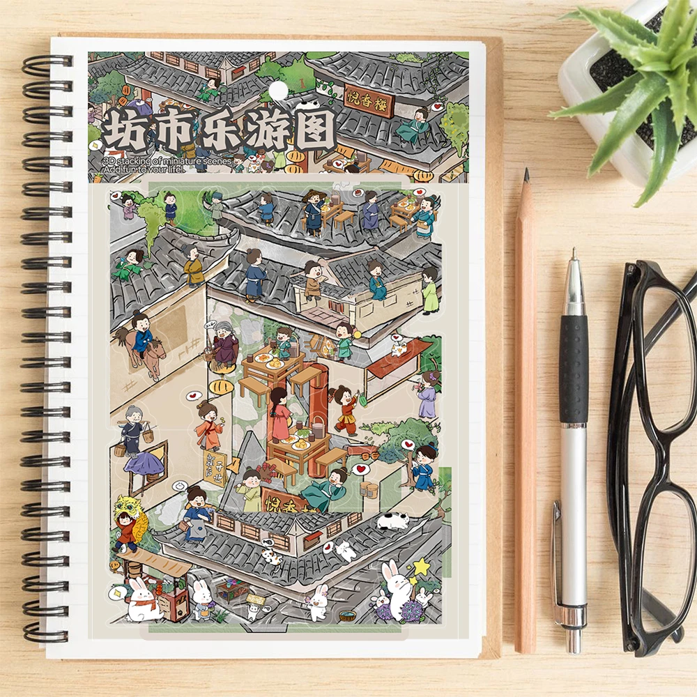 4PCS Fun Tour Map of Fangshi Landscape Sticker Waterproof Laptop Skateboard Art Luggage Cartoon Coffee Phone Decals Stickers