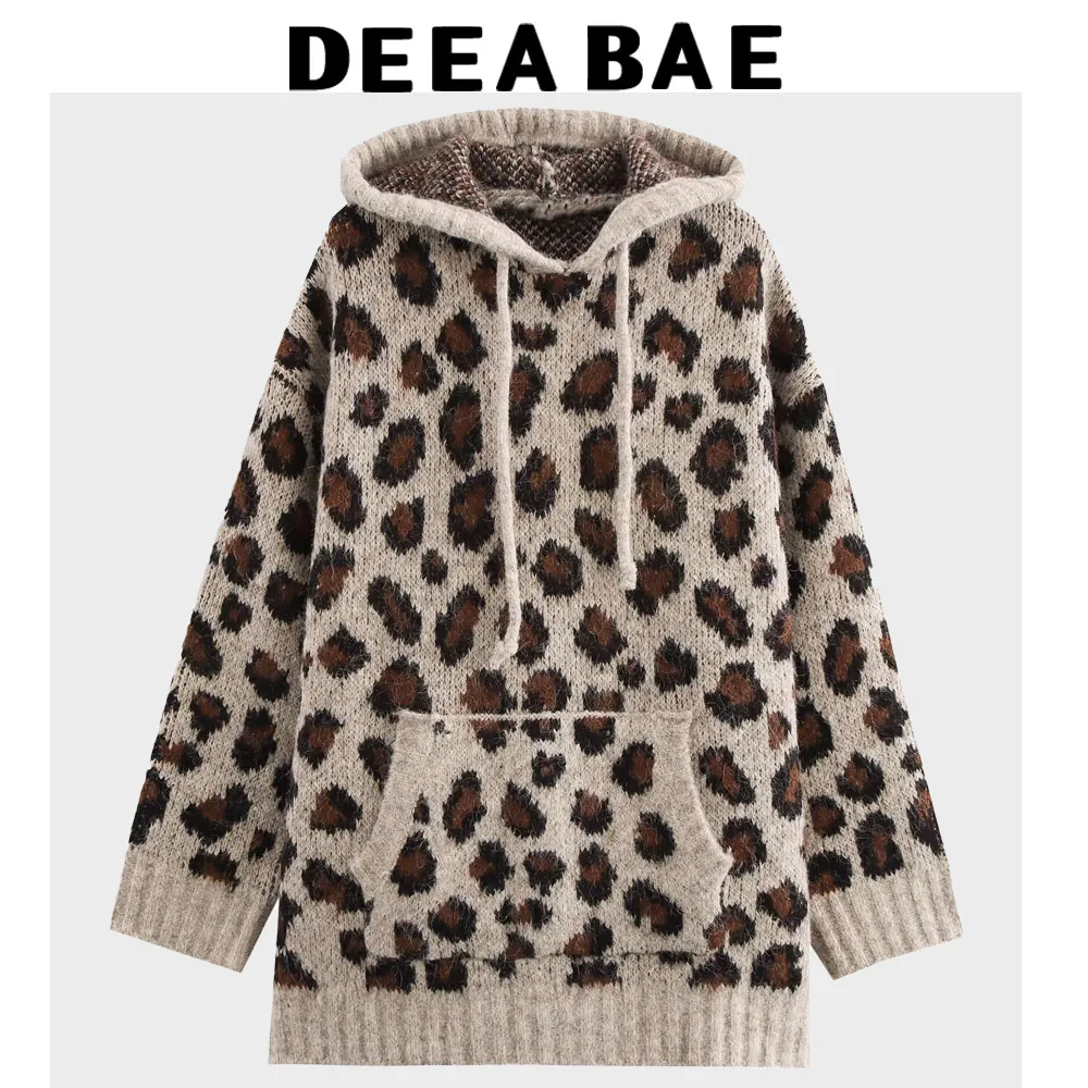 DEEABAE Winter New Women's Loose Animal Pattern Jacquard Drawstring Long Sleeved Knitted Sweatshirt Woman Clothing Hoodie Sweate