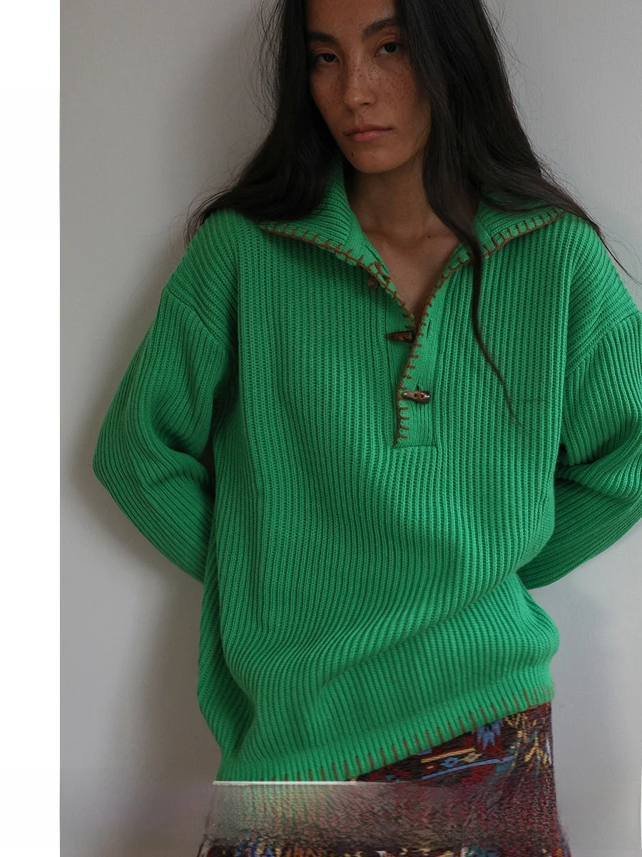 

TiaTia25 Новый шерстяной свитер ручной работы оверсайз с угловыми пуговицами, однотонный, для повседневной носки, с длинными рукавами, осень-зима