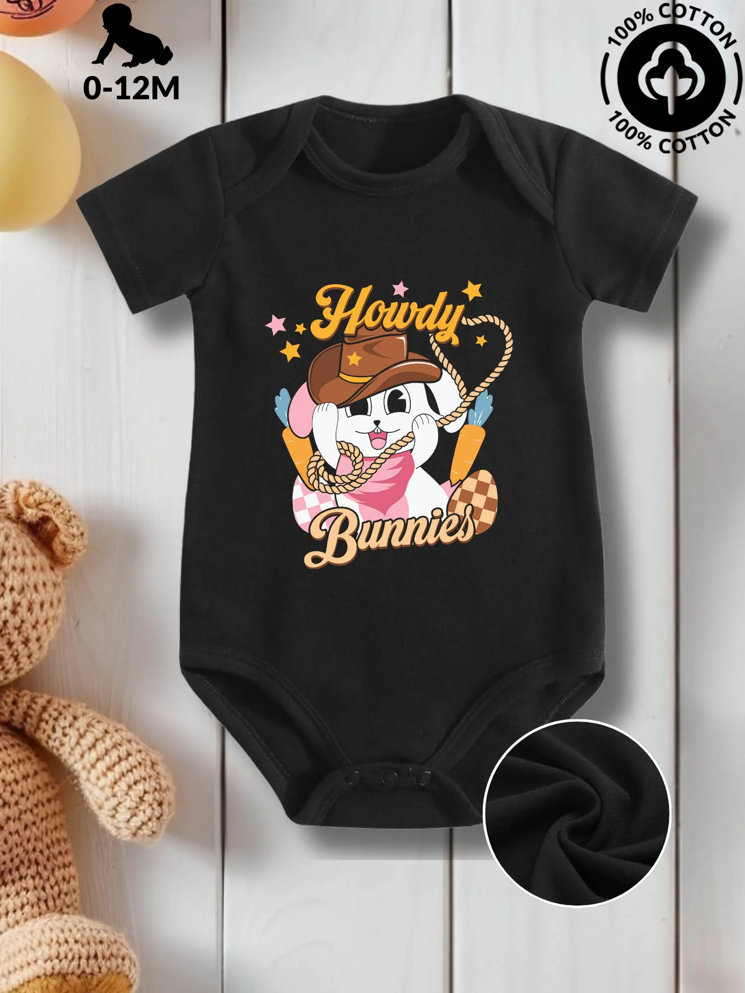 

Howdy Bunnies Unisex Baby Crawling Suit, Pure Cotton Skin Care Onesie, All-Season Wear Black Bodysuit 190GSM