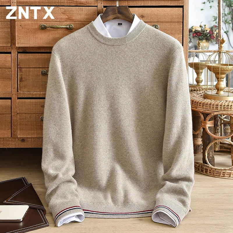 New pure cashmere sweater men's round neck thickened pullover for warmth, winter new style simple Korean style contrasting color