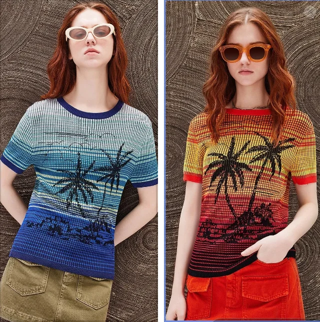 

Foreign trade original single Spain new summer striped jacquard round neck knitted short sleeve