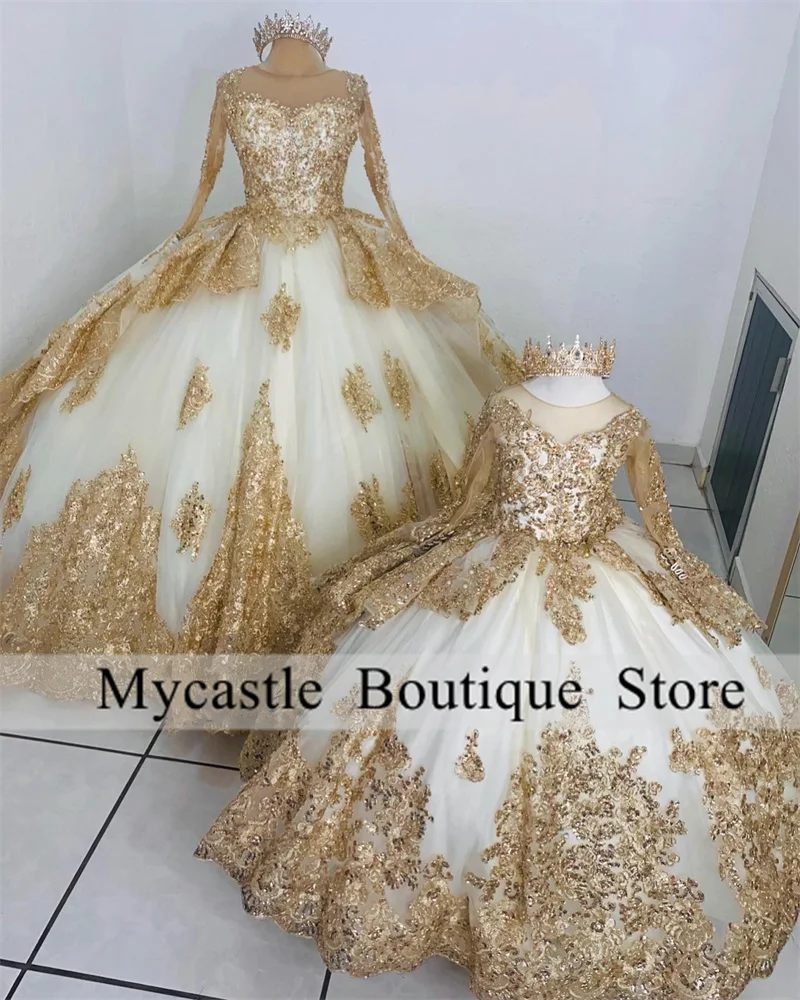 Vestidos De princesa champán para quinceañera, manga larga, vestido De baile, apliques De perlas, dulce 16, 15 Años, 2023