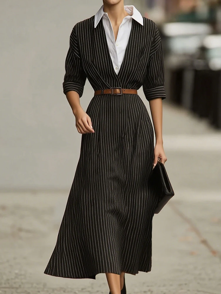 Abito da festa a maniche lunghe patchwork a righe, abito lungo con colletto rovesciato da donna primavera autunno, abito da donna chic alla moda streetwear