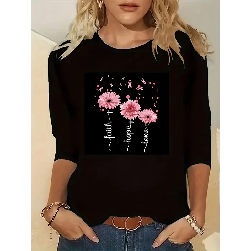 Women'S Casual Floral Print Long Sleeve Round Neck T-Shirt, Comfortable Fiber, Machine Washable, Slight Stretch Fabric