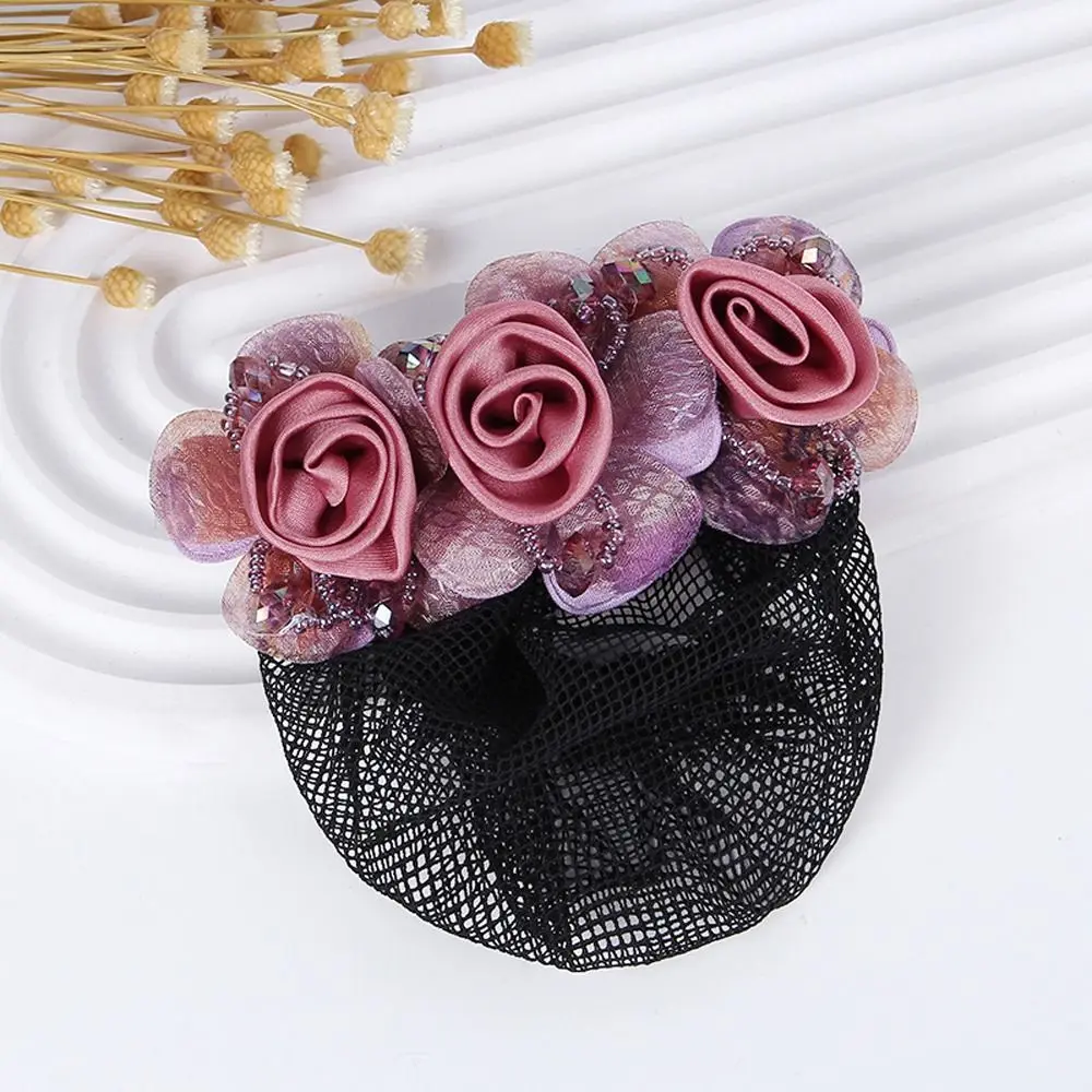 Barrettes For Nurses For Flight Attendant Spring Clip Mesh Floral Zircon Women Bun Net Crystal Hairnet Cover Flower Bun Snood