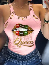 Hotcial Summer Ladies Harajuku Shirts Slim Fit Polyester Sleeveless Top Tshirts Tank Tops Women U Neck Letter Print Lips Vest