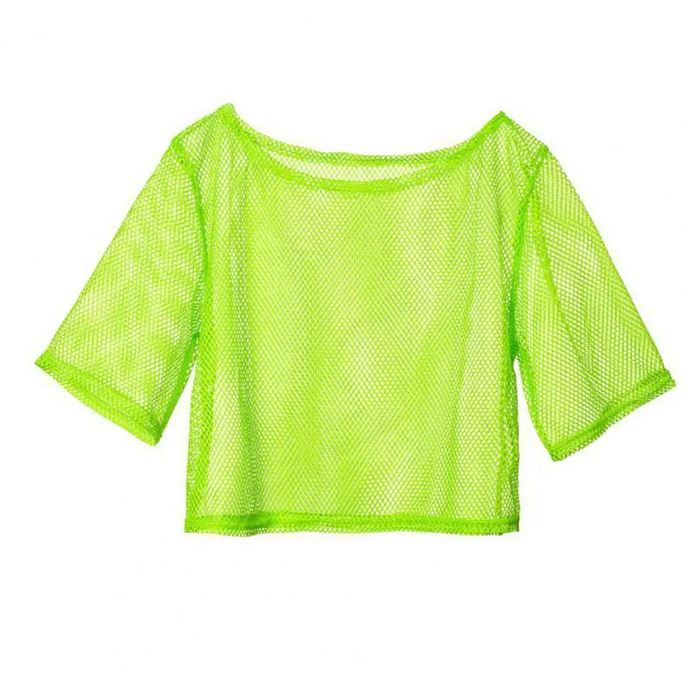 T-shirt a rete da donna scava fuori tinta unita girocollo Pullover con maniche a tre quarti Top da ballo trasparente per feste in discoteca