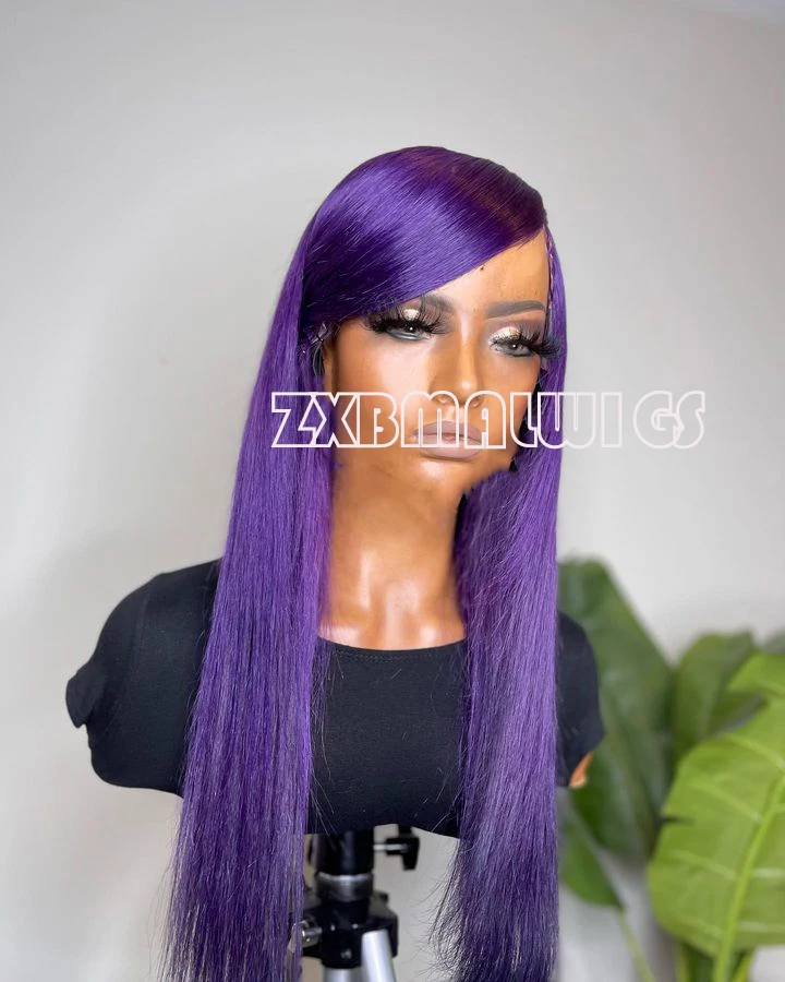 Dark Purple Silky Straight 13X4 Synthetic Lace Front Wig 180% Density Preplucked Glueless Soft Baby Hair for Women