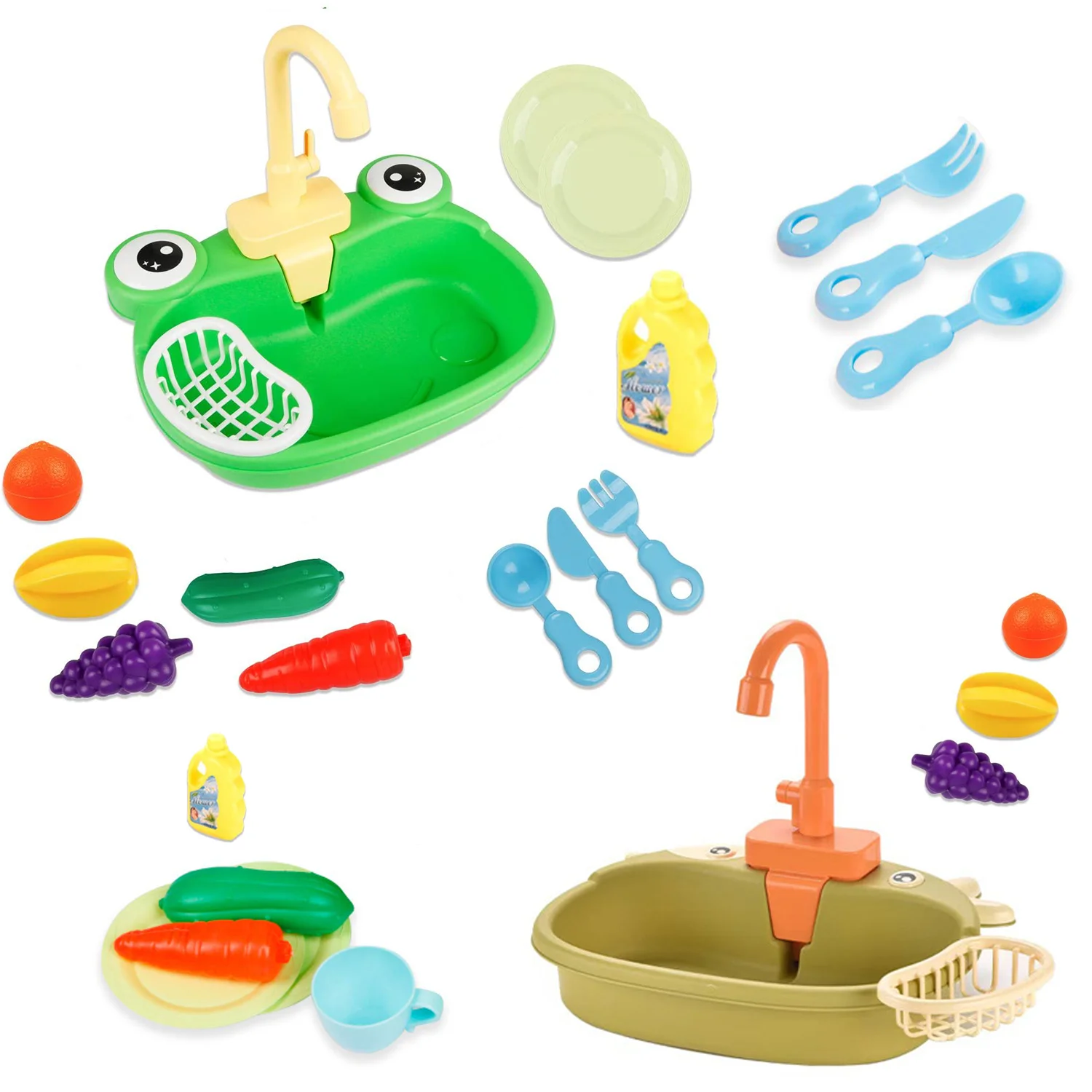 Children's automatic water outlet frog cute cow vegetable washing basin, simulation electric vegetable washing play kitchen toy