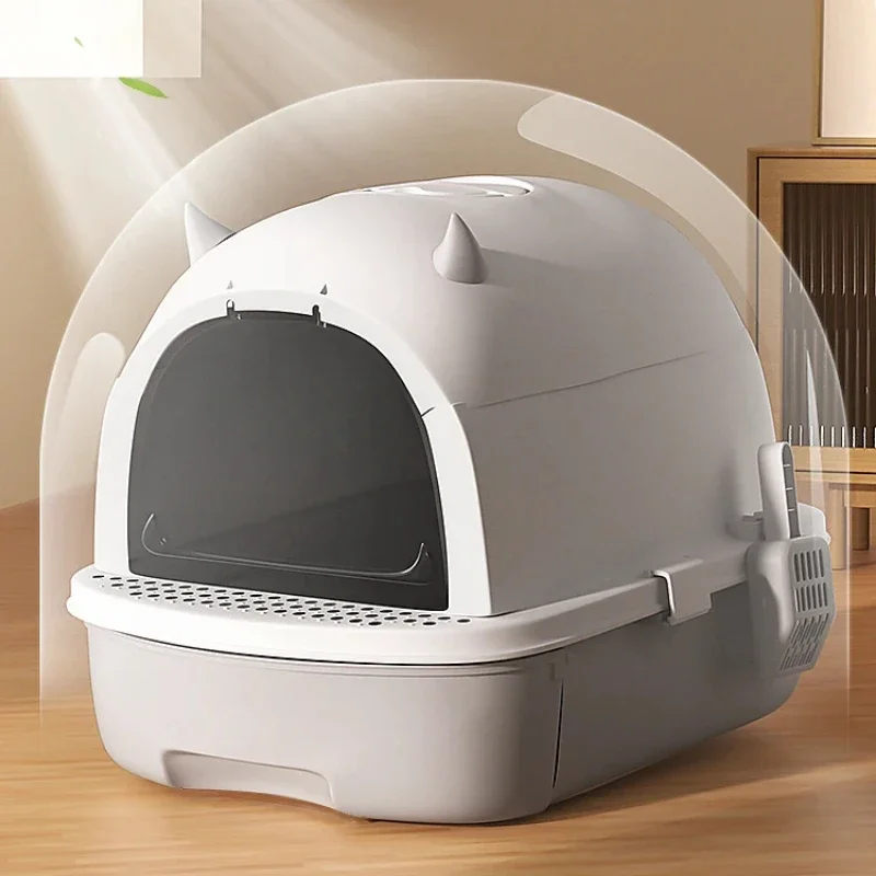 Large Capacity Anti-Odorant Cat Litter Box Plastic Anti-Splash Cat Toilet Completely Enclosed Drawer Style Sandbox Pet