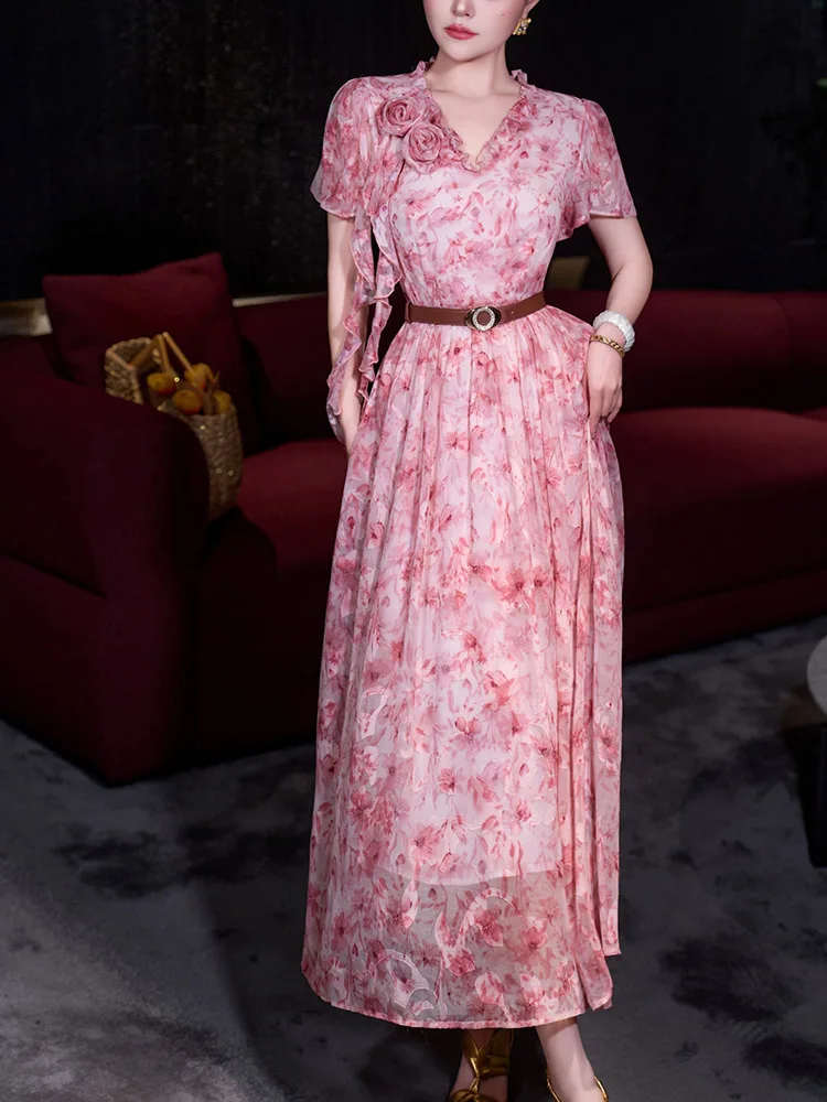 

JUNLINNA Fashion Elegant Women Runway Dress V Neck Appliques Flower Ruffles Party Holiday Vetidos Classic Printing Waist Sashes