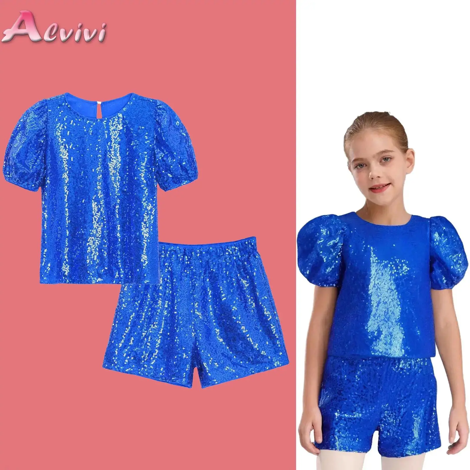 

Kids Girls Shiny Sequins Clothes Set Short Puff Sleeves Top with Shorts Suit for Jazz Dance Cheerleading Performance Competition