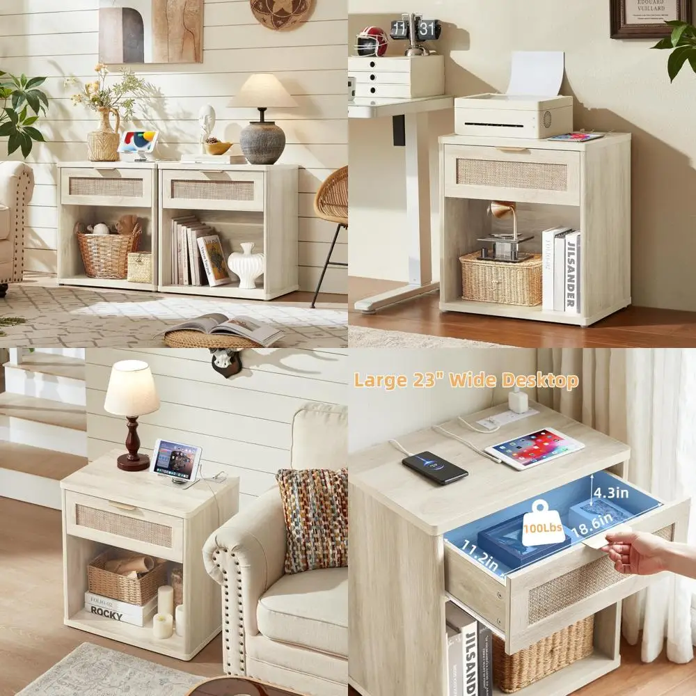2-piece bohemian rattan nightstands with charging station, grey-white bedroom side tables with drawer