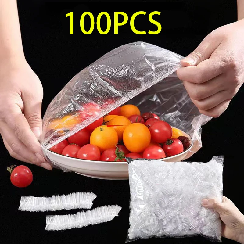 100pcs Disposable Food Cover Refrigerator Fresh-Keeping Cover Plastic Wrap Durable Elastic Food Bowls Lids Reusable Plate Covers