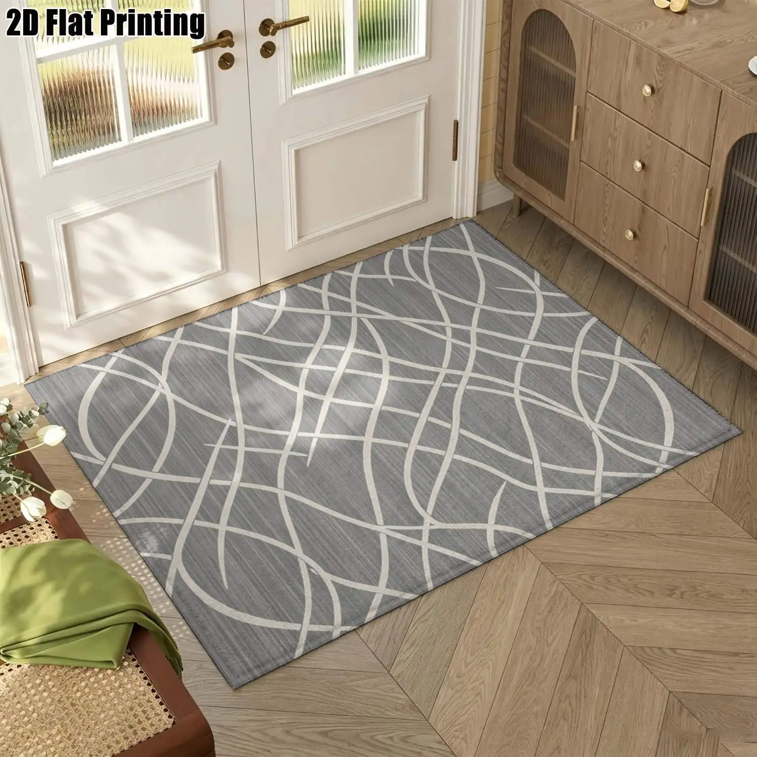 1Pc 2D Printed Nordic Modern Minimalist Carpet, Gray Base with Off-White Interlaced Lines, Machine Washable, Multi-Size, Suitable for Multi-Scene Use in the Home