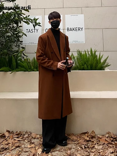 Imagen 2 del producto Mauroicardi-abrigo largo y cálido de lana para hombre, abrigo informal de mezcla de lana, holgado, con doble botonadura, color café y negro, otoño e invierno, 2023