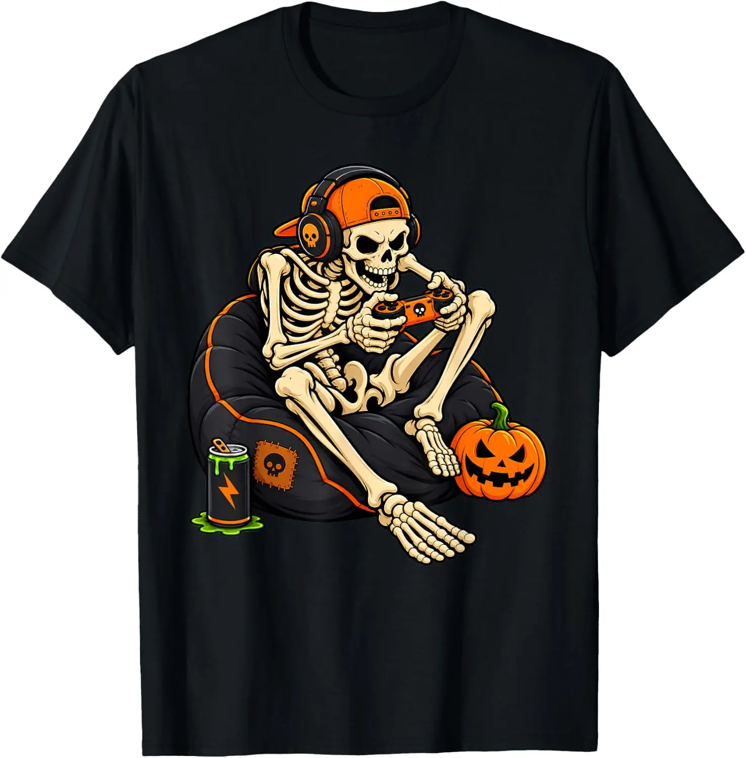 Boys Halloween Skeleton Spooky Pumpkin Gaming Gamer Men Kids T-Shirt vintage style tee  boxy fit tee black graphic tee 100% cotton men