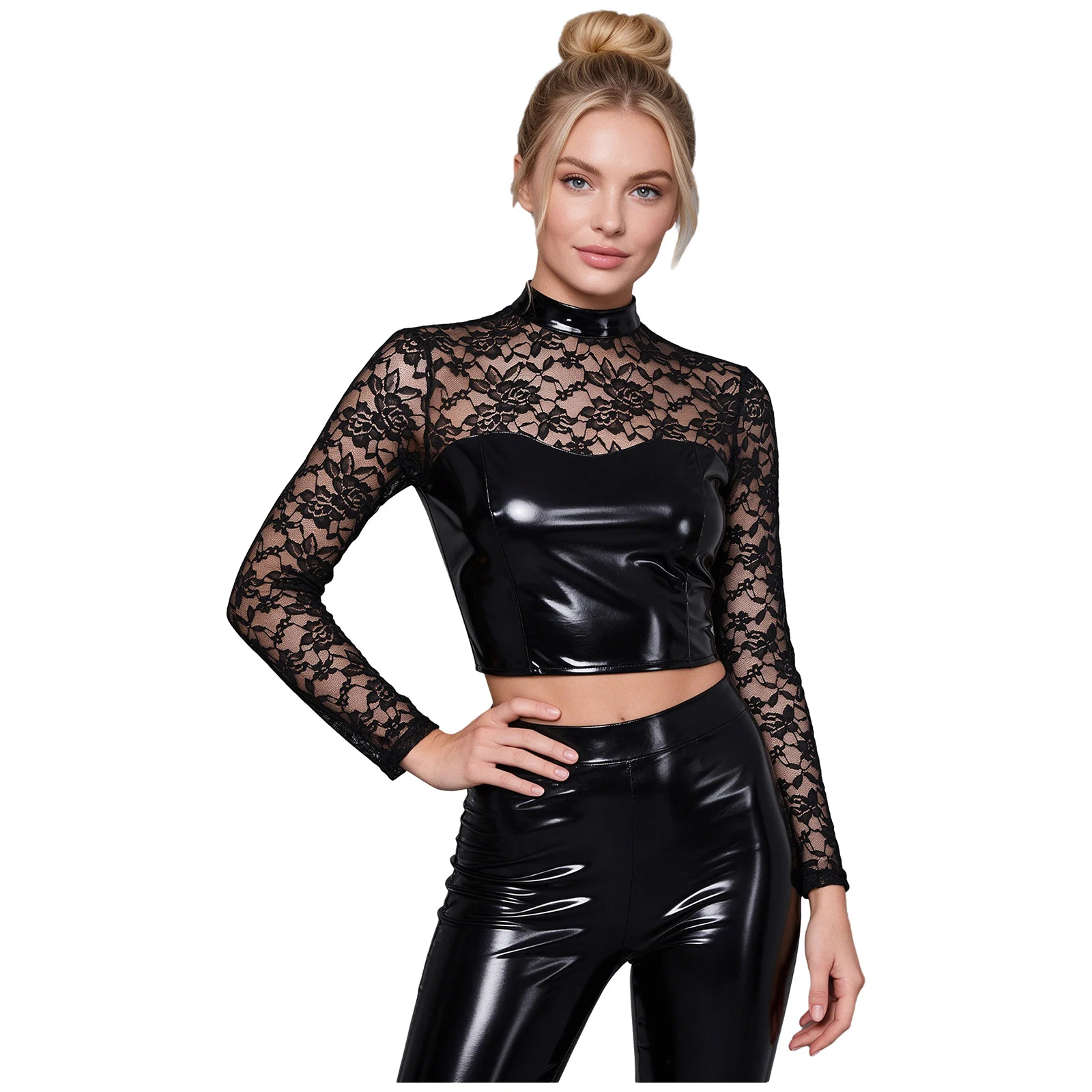 Womens Patent Leather Patchwork Floral Lace Crop Top Long Sleeve Tops for Clubwear Party Rave Musical Stage Performance Show