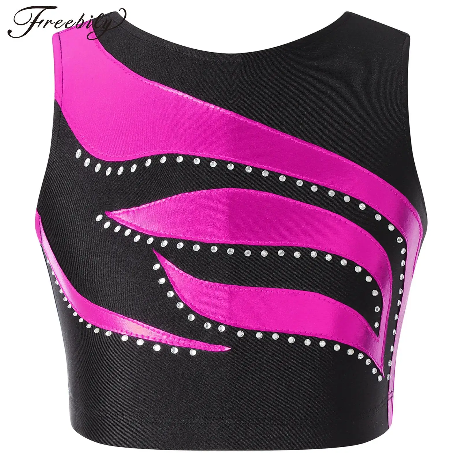 Kids Girls Ballet Dance Crop Tops Sleeveless Shiny Rhinestone Decorated Patchwork Style Sports Gymnastics Workout Dance Vest Top