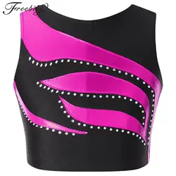 Kids Girls Ballet Dance Crop Tops Sleeveless Shiny Rhinestone Decorated Patchwork Style Sports Gymnastics Workout Dance Vest Top