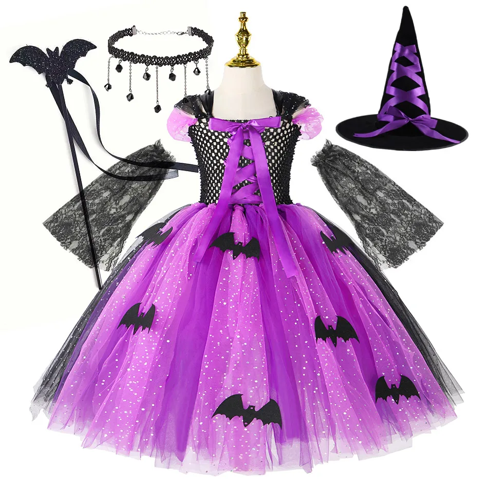 

Fancy Hallowen Apparel Witch Tutu Dress for Girls 2-12 Yrs Knitting Bodice Off Shoudler Wizard Mesh Frock Villain Cosplay Gown