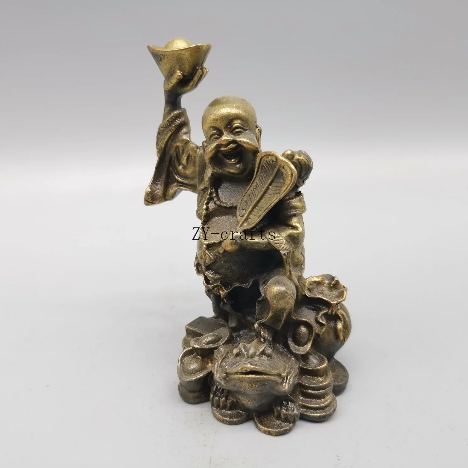 Collection Chinese Brass Carved Yuan Bao Wealth Gourd Purse Toad Happy Laugh Maitreya Buddha Statue Exquisite Statues