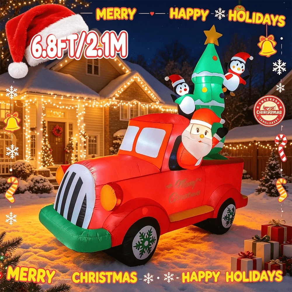 6.8 FT Christmas Inflatable Model Red Pickup Truck with Santa Claus Yard Decoration Outdoor Xmas Holiday Party Decor for Yard