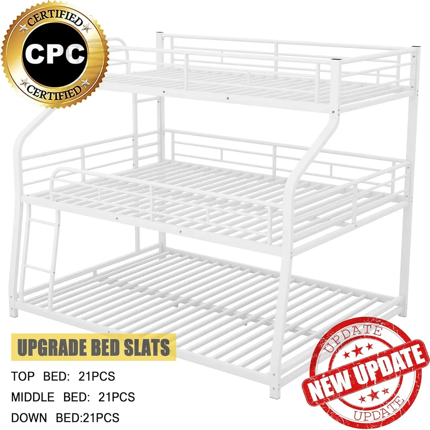 3 in 1 Triple Bed,Heavy Duty 3 Beds Bunk Bed with Guard Rails & 2 Ladders for Kids,Teens, Adults,White