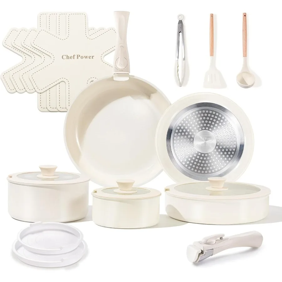 

Ceramic Cookware Set Non Toxic with Detachable Handles Healthy Nonstick Pans and Pots Set 19 Pcs Induction Dishwasher Oven Safe