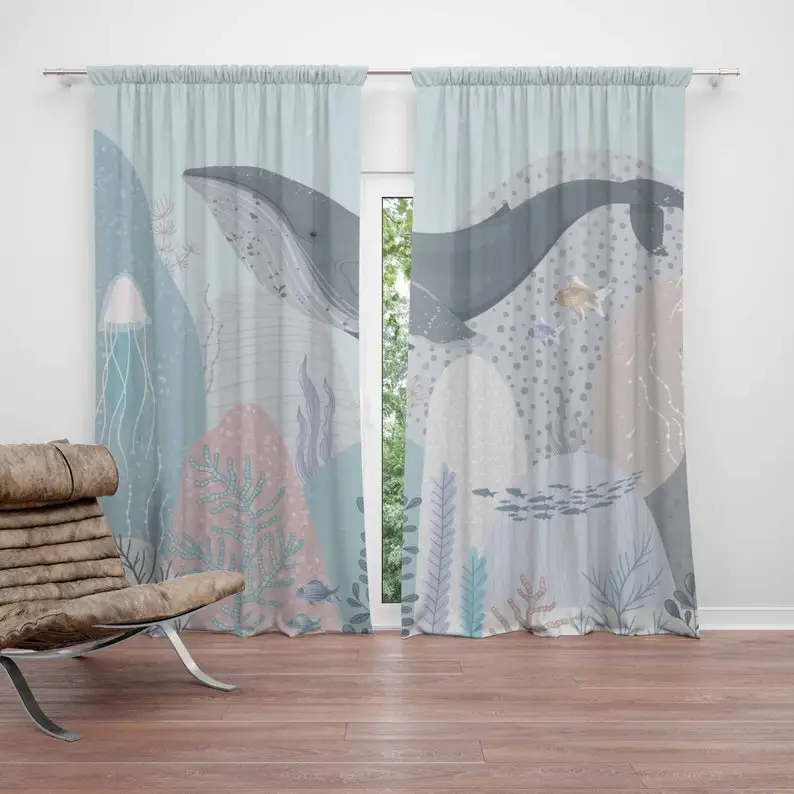 Ocean Whale Nursery Curtain Kids Bedroom Black Out Nursery Decor Baby Room Curtains Bedroom Living Room Curtains