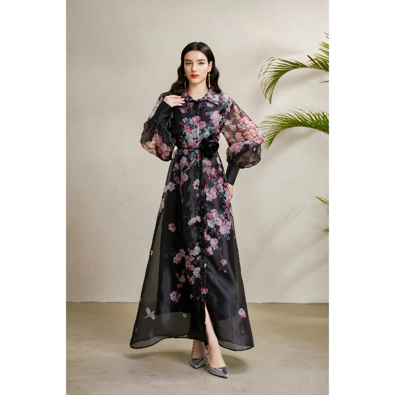 Summer Holiday Gorgeous Flower Long Dress Autumn Women Lapel Puff Sleeve Floral Print Applique Belt Organza Maxi Shirt Dress