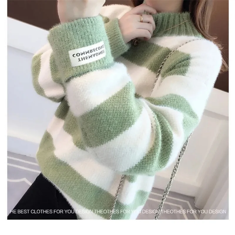 Women Pullover Imitation Mink Knit Korean Lady Half High Collar Long Sleeved Knitwear Autumn Winter Female Large Size 4XLSweater