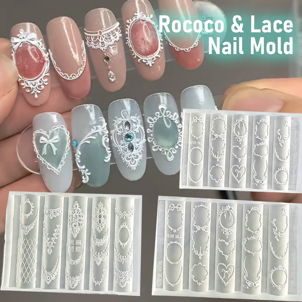 1Pcs Baroque Vintage Lace Silicone Nail Mold, Rococo 3D Embossed Gem Frame Heart Lace Nail Art Molds, DIY Nail Decoration Tools
