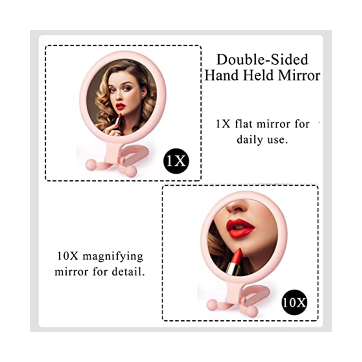 10X Handheld Magnifier, Double Sided Folding Makeup Mirror, Portable Handheld Mirror with Adjustable Handle(Pink)