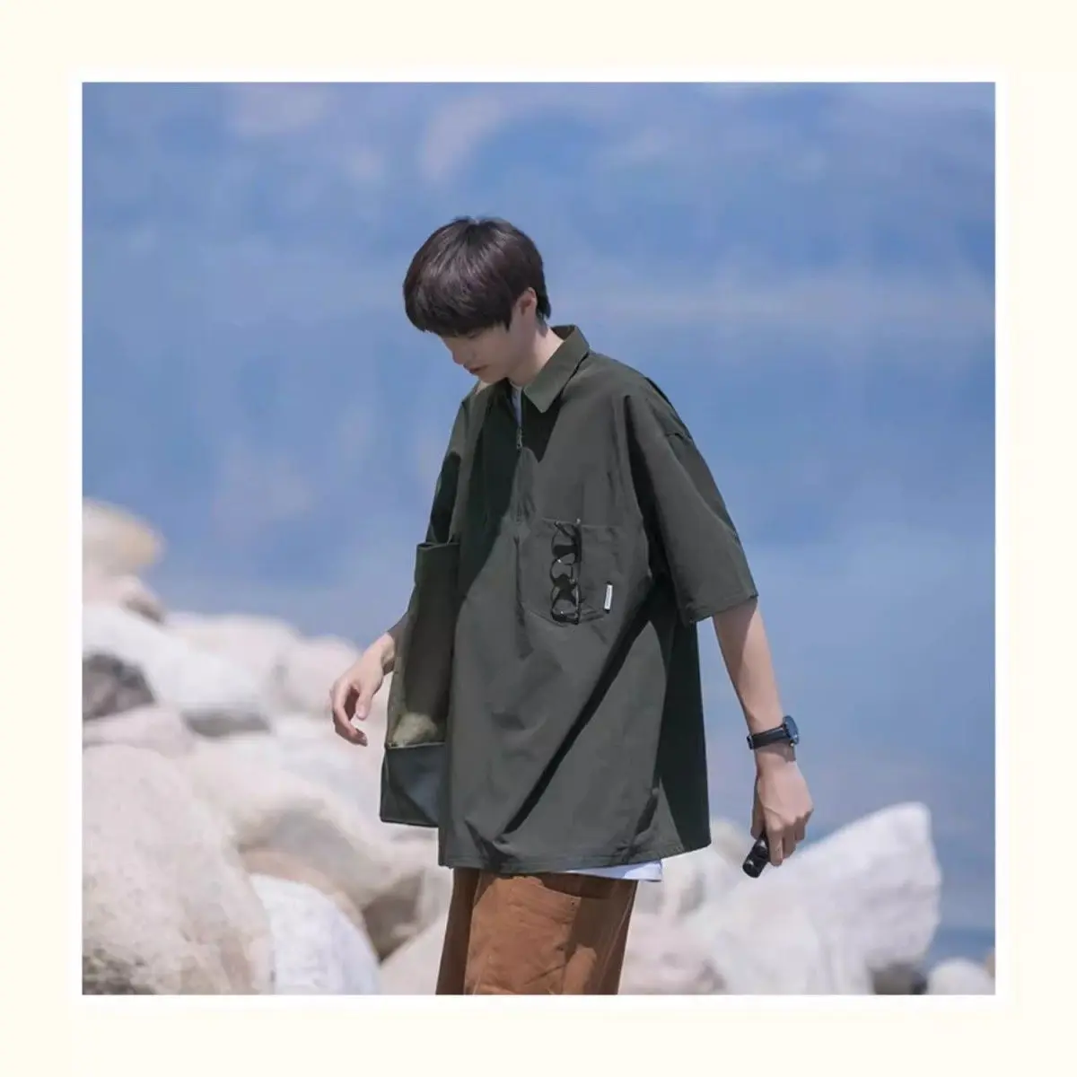 Japanese Zipper POLO Shirt Short-sleeved T-shirt Men Summer Loose and Versatile Lapel Work Top
