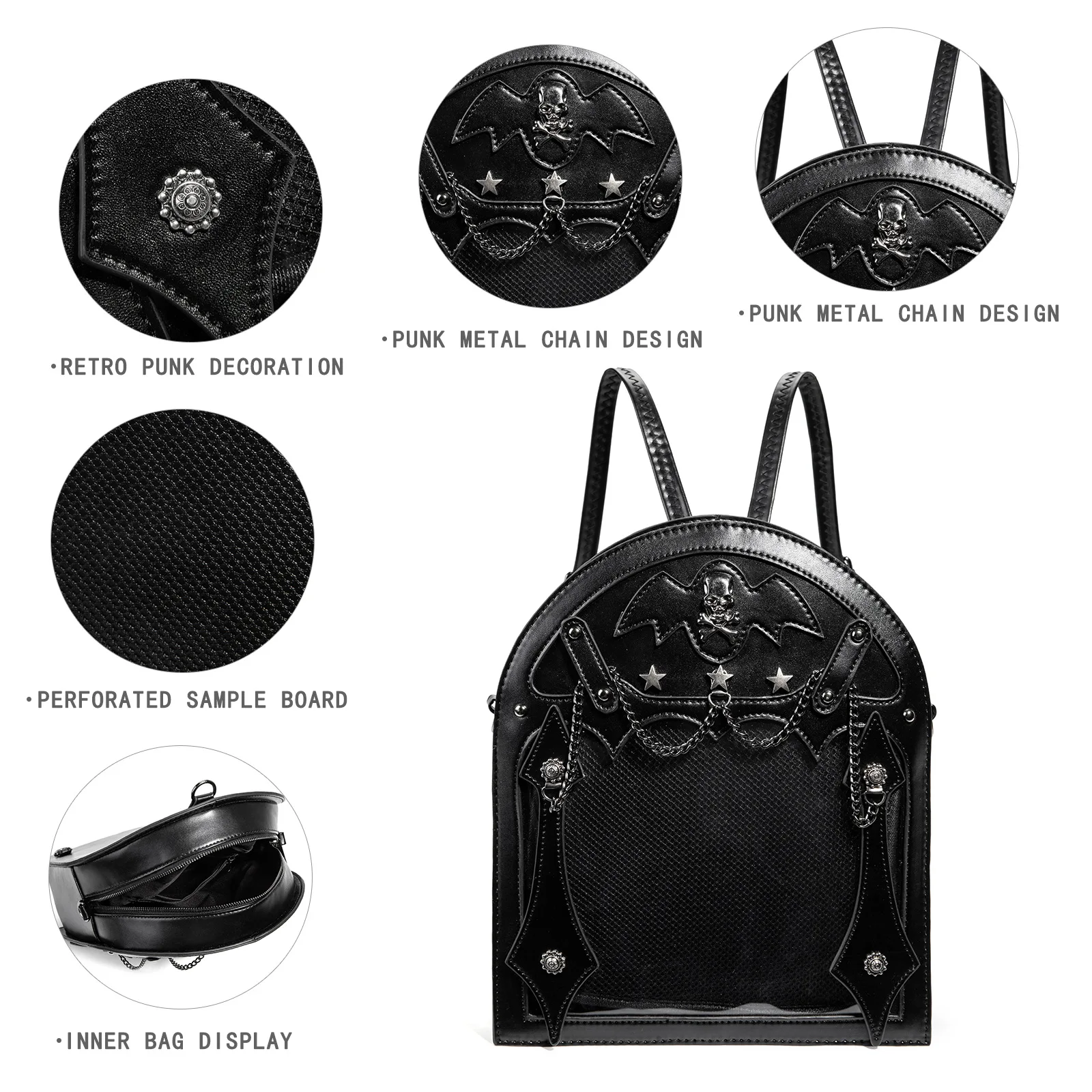 Creative Dark Gothic Backpack for Women PU Leather Ita Bag Large Capacity Transparent Pocket Black Casual Daily