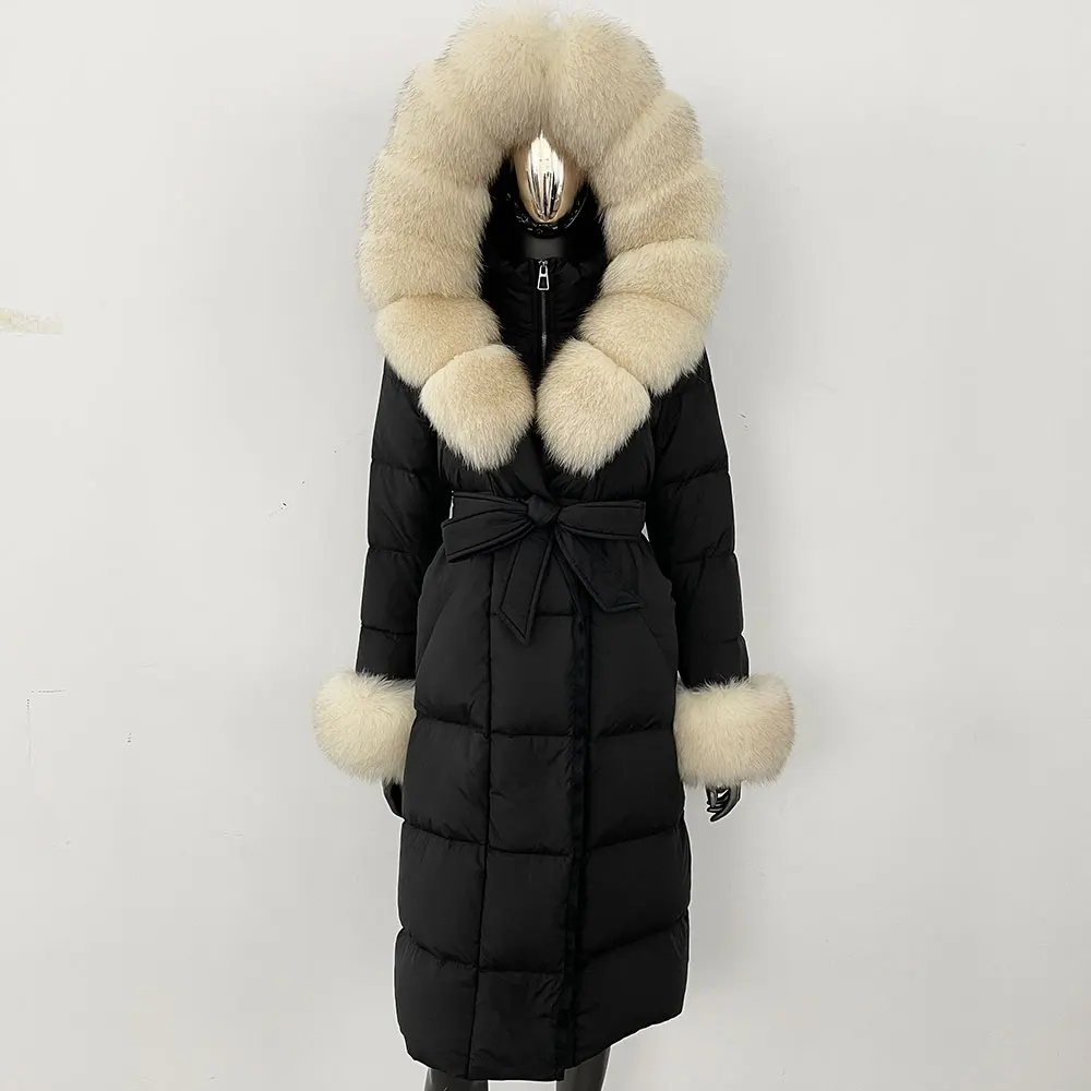 Real Fur Jacket Women Fashion Winter Natural Big Fox Fur Collar Loose Thick Warm Goose Down Coat Outerwear Streetwear Luxury