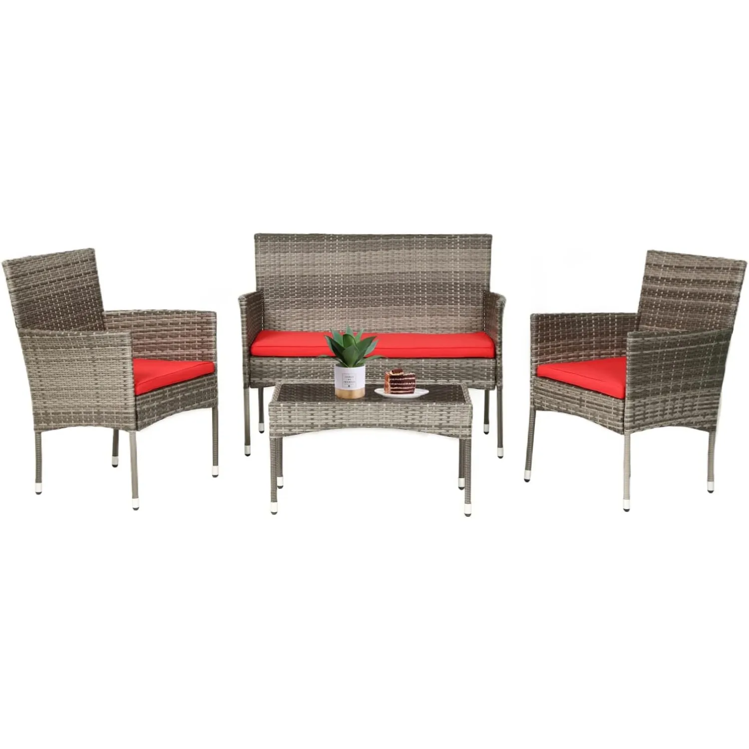 4 Pieces Outdoor Furniture Set Patio Conversation Set Wicker with Rattan Chair Loveseats Coffee Table,Gray Wicker/Red Cushions