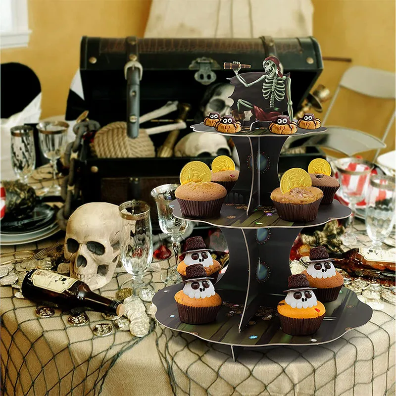 Skull Pirate Cupcake Stand for Halloween Theme Party Decorations Cake Serving Tray for Pirate Skeleton Cosplay Party Supplies