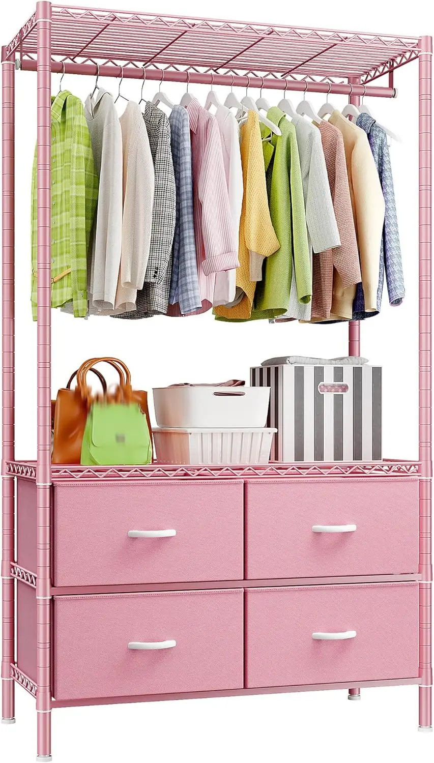 

Clothing Rack with 4 Drawers and Shelves, Heavy Duty Clothes Rack for Hanging Clothes,Portable Closet,Metal, Sturdy,Pink