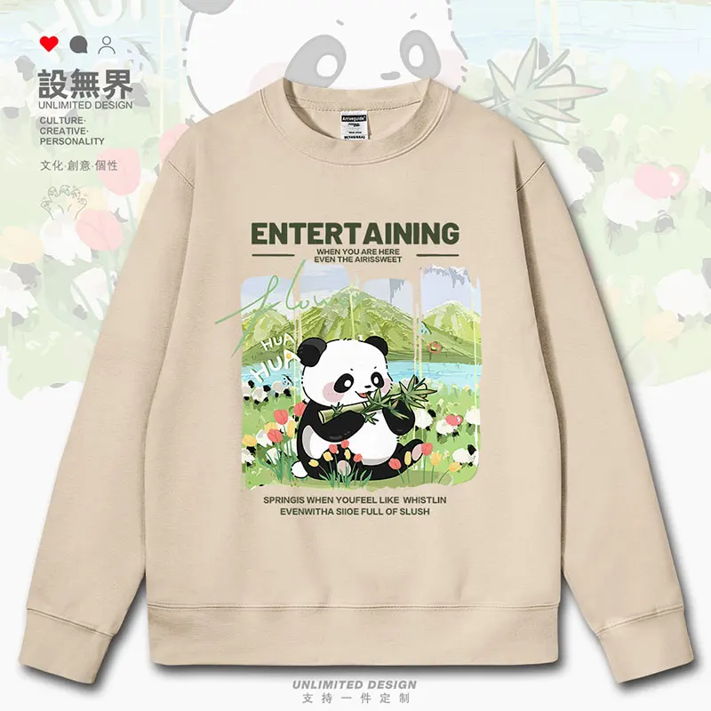 Original hand-painted panda flower eating bamboo cute oil painting mens hoodies white for men fashion clothes autumn winter