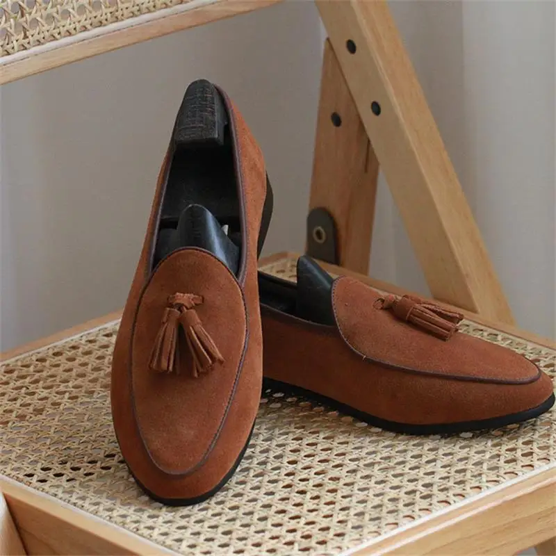Brown Blue Men Loafers Handmade Cow Suede Tassel Casual Shoes Round Head Slip-on Fashion Business Casual Party Daily Men Shoes