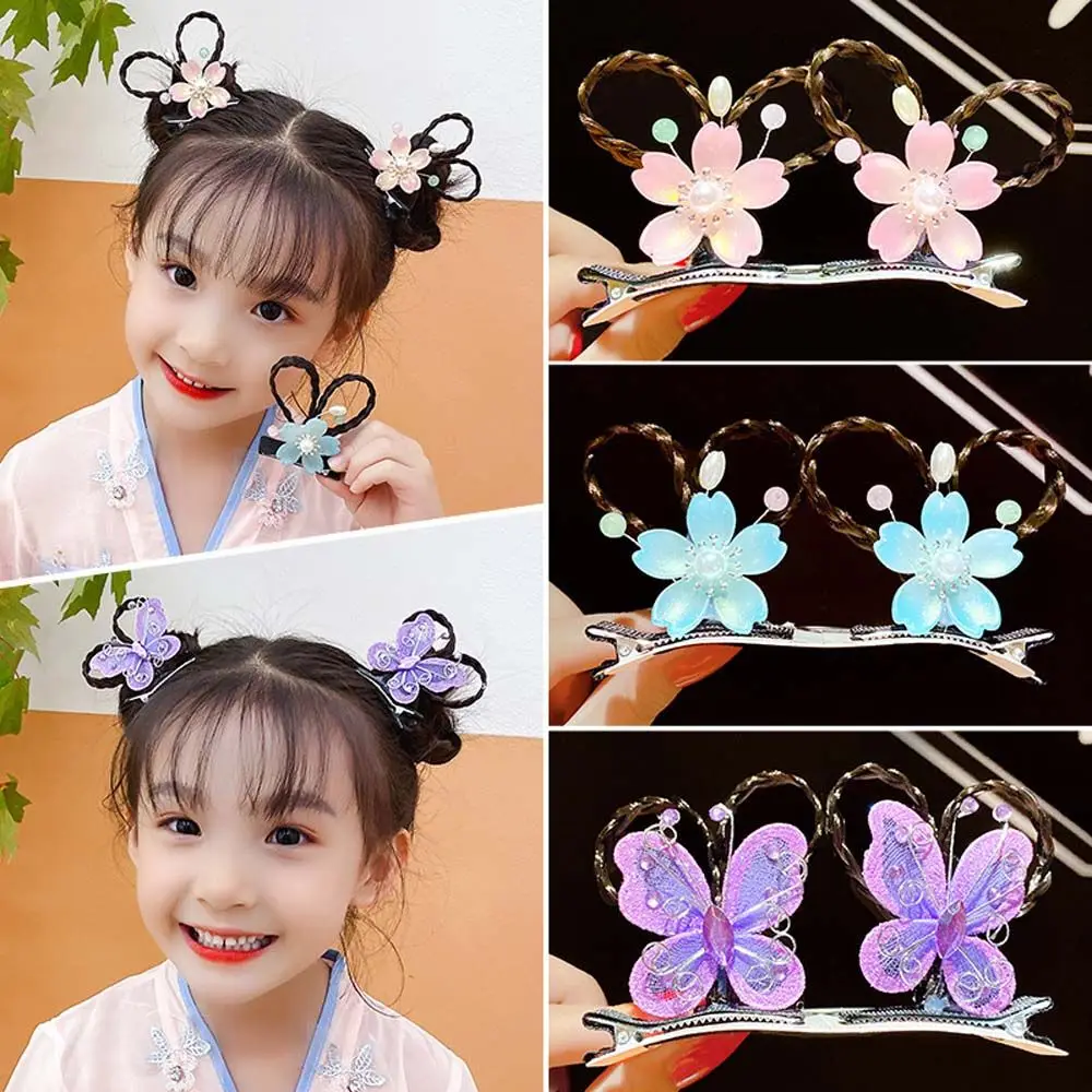 Children's Hanfu cocar grampo de cabelo, flor cabelo clip, bebê peruca tranças, borboleta tranças, meninas