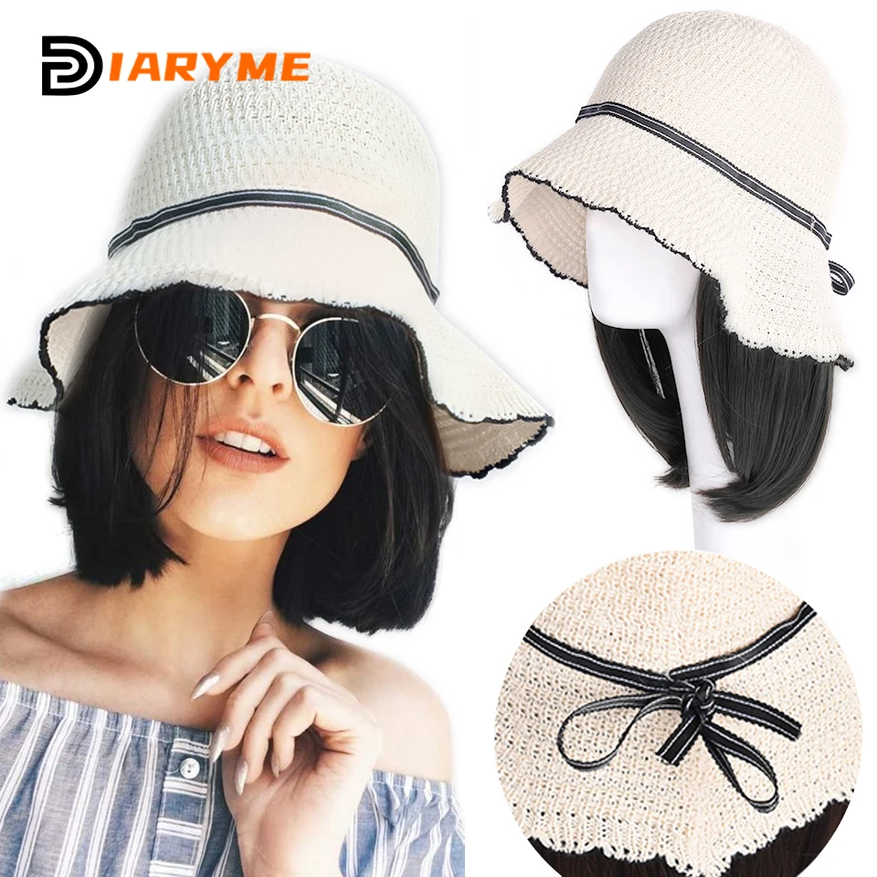 Hat Wig Synthetic Short Straight Bob Hair Natural Wig Black Hat Wigs Cap With Hair Connect Fisherman\'s Hat Hair Extension Sun Vi