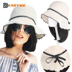 Hat Wig Synthetic Short Straight Bob Hair Natural Wig Black Hat Wigs Cap With Hair Connect Fisherman's Hat Hair Extension Sun Vi