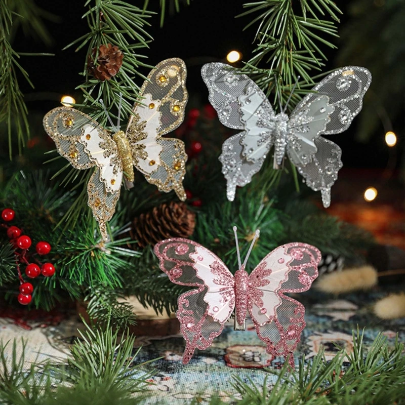 Elegant Glittering Butterfly Ornament Unique Butterfly Christmas Hanging Ornament with Clip for Seasonal Tree Decors