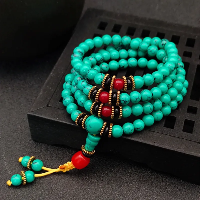 Natural Green TURQUOISE Hand Carved 6 Mm 108 Beads Bracelet Fashion Boutique Jewelry Men's and Women's Turquoise Bracelet