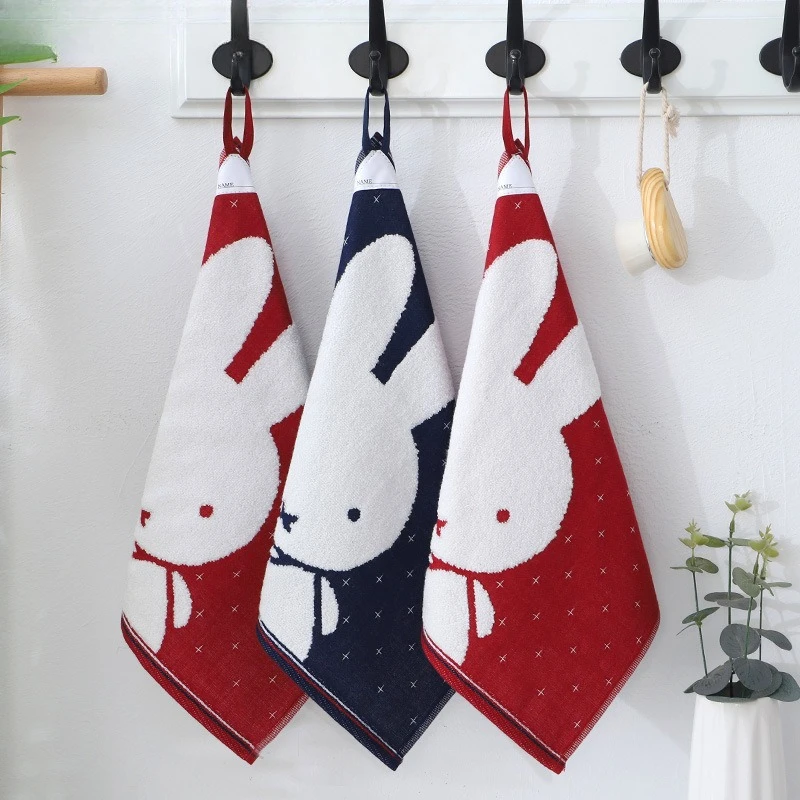Toalla Kawaii Miffy, toalla de mano cuadrada suave y absorbente con lazo colgante, bonito conejito de dibujos animados, 100% algodón para uso doméstico y en viajes
